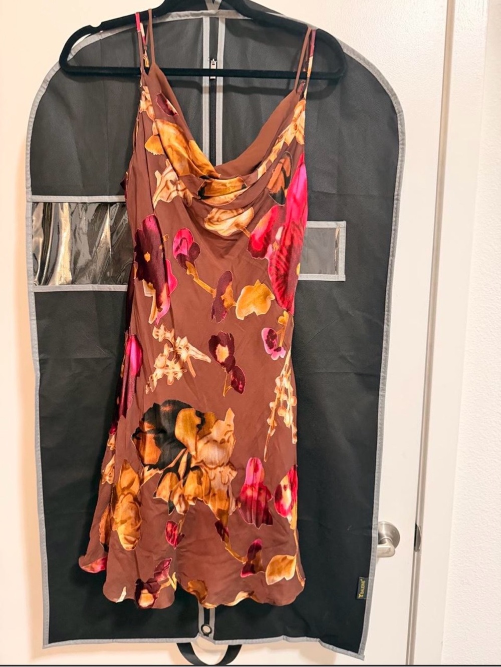 Rat & Boa Brown Floral Cowl Slip Dress with Pink and Gold Accents